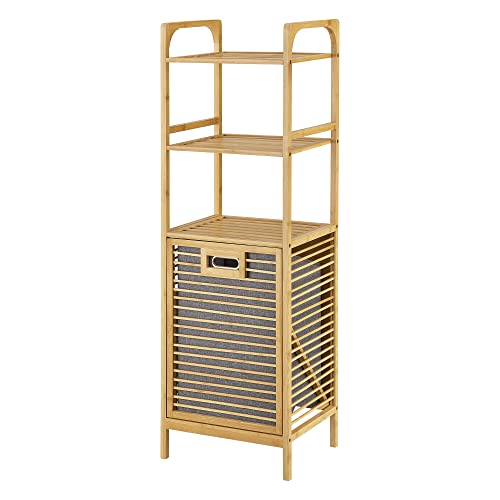 [en.casa] Bambus Wäscheregal Tidaholm 118 x 40 x 31 cm Wäscheschrank mit 2 Ablagen Wäschesammler Wäschebox herausnehmbare Wäschetasche