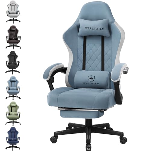 GTPLAYER Gaming Stuhl Ergonomischer Gaming Sessel Schreibtischstuhl mit Stoffoberfläche, Federsitzkissen, Verbindungsarmlehnen und Fußstütze Hellblau