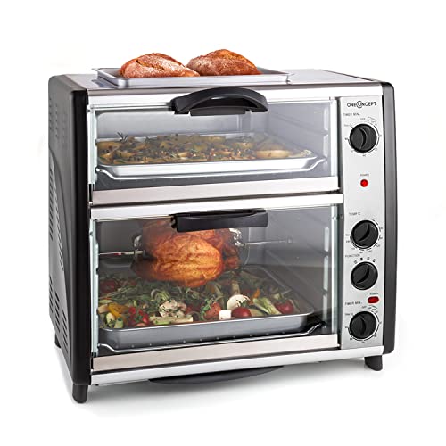 oneConcept All-You-Can-Eat Doppel-Backofen - elektrischer Backofen, zwei getrennten Backräume, 42 Liter Gesamtvolumen, Grillplatte, 2400 W, einstellbare Temperatur: 60-240°C, Edelstahl, silber