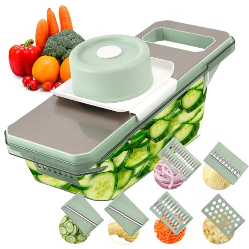 Yuirshion Gemüsehobel Edelstahl,7 in 1 Multifunktional Panel Gemüsehobel,Leicht Abtropfender Vegetable Chopper Dicer,Mit Abflusskorb und 6 Klingen-Grün