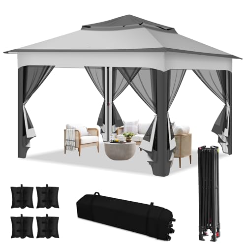 Fiqops Pavillon 3x3m Wasserdicht Stabil, GartenPavillion Doppeldach Pavillon, Metallrahmen Pavillon, Plane Partyzelt Gazebo für 2-4 Personen, Grau