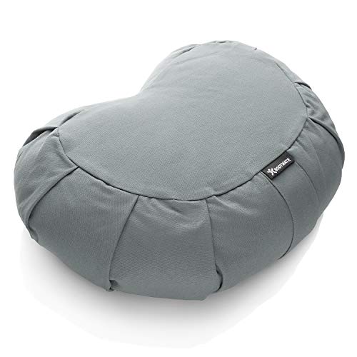 BODYMATE Halbmond Yogakissen 42cm lang 30cm breit und 15cm hoch Cool-Grey mit Buchweizen-Spelz Füllung – Maschinenwaschbarer Bezug aus 100% extra Dicker Baumwolle – Meditationskissen – Sitzkissen