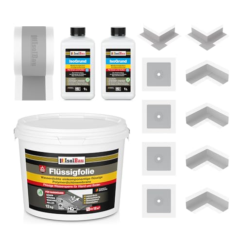 Isolbau Dicht-Set - Inkl. 1x Flüssigfolie (12 kg), 2x Grundierlösung (je 1 L), 1x Dichtband (20 m), 4x Innenecken, 2x Außenecken & 4x Manschetten