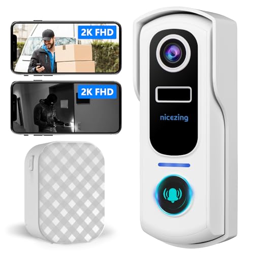 2K FHD Video Türklingel mit Kamera Kabellose Kompatibel mit Alexa, nicezing Funkklingel mit Kamera Wlan, Mensch Erkennung, Nachtsicht, Sprachnachricht, Zwei-Wege-Audio, Unterstützt SD & Cloud-Speicher