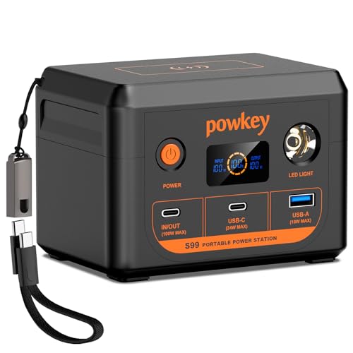 POWKEY 100W Tragbare Powerstation, 30000mAh Power Bank Camping 96Wh LiFePO4 Akku, Große Powerbank mit USB-C-Schnellladung & LED-Licht für Phones, Tablets, Camping und Notfälle