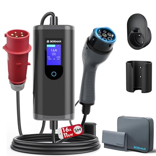 bokman Typ 2 Ladekabel mit CEE Stecker, 5 Meter | 6-16A | 11kW | 3-Phasig | IP65 Wasserdicht, Tragbares EV-Ladegerät und Mobile Wallbox Ladestation für IEC 62196-2 mit Tragetasche & Mikrofaserhandtuch