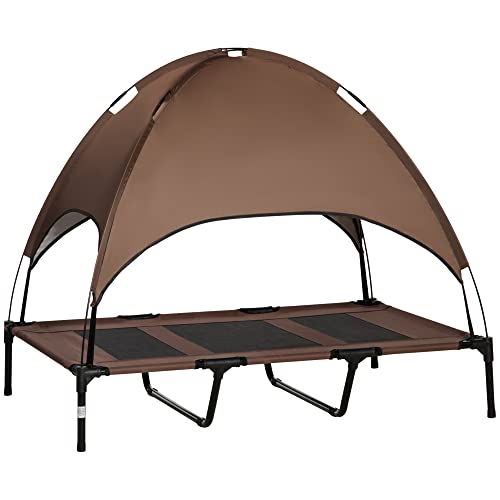 PawHut Erhöhtes Hundebett mit Baldachin, Haustierbett, Hundeliege Outdoor mit Dach, Atmungsaktiv, Taftstoff für Camping Kaffee 122 x 92 x 108 cm