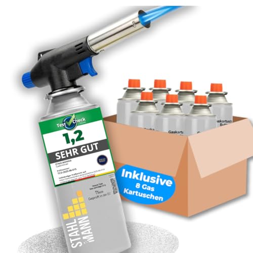 STAHLMANN ® Gasbrenner mit Kartusche 8x227g – Schweißbrenner max. 1300°C Temperatur – Lötlampe mit Piezozündung – Bunsenbrenner Küche -Küchenbrenner (8x Gaskartuschen)