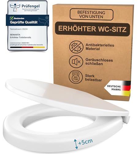 BenaVita Premium WC Sitzerhöhung 5 cm aus Duroplast - Erhöhter Toilettensitz für bequemes Sitzen inkl. Absenkautomatik - Belastbar bis 175 kg (Befestigung von Unten)