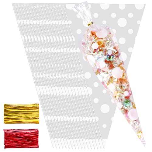 HAKACC 200 Stück Süßigkeiten Tüten spritzbeutel,30x16cm Candy Bar Tüten Cone Cellophantüten mit 200 Stück Twist Ties Durchsichtige Geschenktüten für Schokolade Bonbons Kekse Hochzeit