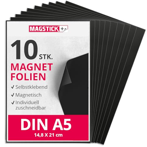 Magstick Magnetfolie 10 Stück I DIN A5 I Magnetklebefolie I flexibel selbstklebend zuschneidbar magnetisch beklebbar I zum Basteln ordnen I Stanzen Aufbewahrung Magnetbogen Fotomagnet I mag272