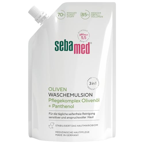 Sebamed Flüssig Oliven Wasch-Emulsion Nachfüllbeutel, mit Olive und Panthenol, seifenfreie Reinigung für sensitive und anspruchsvolle Haut, zur Hand-, Gesichts- und Körperreinigung geeignet, 400 ml