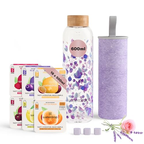 waterdrop® Muttertagsgeschenk Set - Glasflasche 600ml inkl. 18 zuckerfreie Drops - Geschenk für Frauen - Probierpaket mit Wasserflasche, Flavor Drops & Vitaminen - Trinkflasche Kohlensäure geeignet