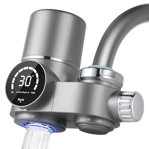 HOTUT Wasserfilter für Wasserhahn, Edelstahl Leitungswasserfilter, Wasserfilter Trinkwasser Mit Blaulicht, Trinkwasserfilter für Entfernt Chlor, Schwermetalle und Schlechten Geschmack