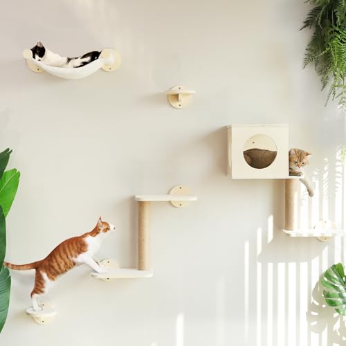 FUKUMARU Kletterwand für Katzen, 5-teiliges Wandregal-Set aus Birken-Multi-Schichtplatte, stabiles Katzenwandmöbel mit Hängematte, Katzenhaus, Katzentreppe und Kratzbaum, beige