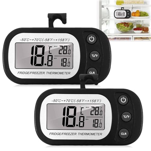 2 Stück Kühlschrankthermometer, Asfrode Digitale Gefrierschrank Thermometer Digitales Kühlschrankthermometer mit LCD-Anzeige, Haken & Magnetisch, Max/Min Funktion für Hause Küche (2 Schwarz)