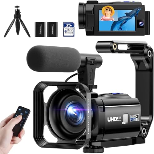 Videokamera 5K 56MP Camcorder Doppelobjektiv WiFi 16X Digitalzoom 3' Touchscreen Vlogging Kamera für YouTube IR Nachtsicht Camera mit 2 Batterien,64GB Karte,Mikrofon,Gegenlichtblende,Fernbedienung