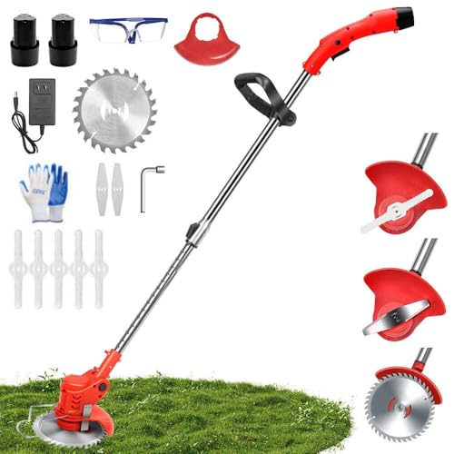 LANDCROOSSERS 600W Akku Rasentrimmer Mit 2 1500 mAh Akku, 2X Edelstahlklingen & 5x Kunststoffklingen, mit 3 Arten von Messerköpfen,Verstellbarer Teleskop-Führungsholm Desbrozadoraeléctrico inalámbrico