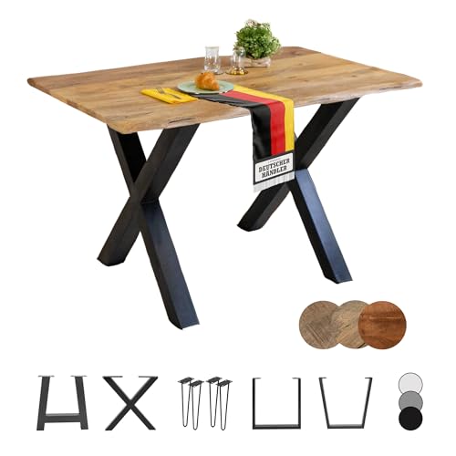 Loreno Handgefertigter Esstisch aus Mangoholz, 120x80cm - 300x100cm Massiver Tisch mit Baumkante, Gestelle, Nachhaltig und Stabil - Tisch Holz Esszimmer, Küchentisch Holz, Esstisch Echtholz
