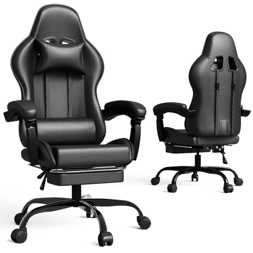 Devoko Massage Gaming Stuhl, Bürostuhl mit Fußstütze und Massage-Lendenkissen, Gamer Stuhl mit Kopfstütze, Ergonomisch Gaming PC Stuhl 150 kg Belastbarkeit, Schwarz