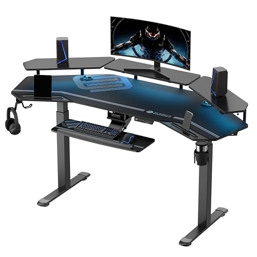 EUREKA ERGONOMIC Höhenverstellbarer Schreibtisch 182×76cm Stehpult in Flügelform Gaming Tisch Höhenverstellbar Elektrisch Groß Gaming Schreibtisch mit Led Monitorständer und Tastaturablage