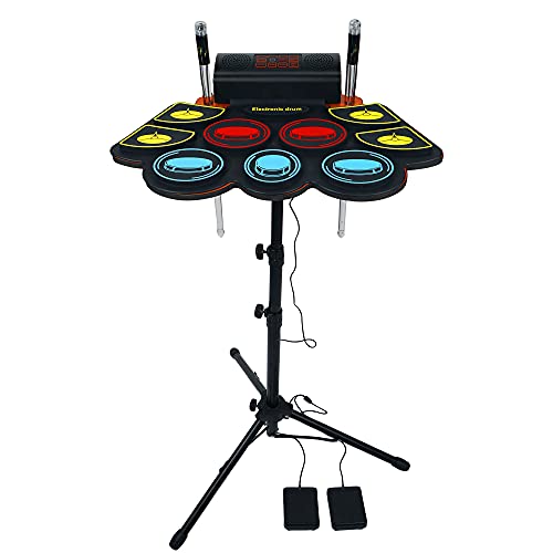 9 Pads Schlagzeug Elektronisch, E-drum Set with LED Leuchten Trommelstock, Elektronisches Schlagzeug with Trommelständer, Eingebauter Stereo-Lautsprecher mit 2 Fußpedale
