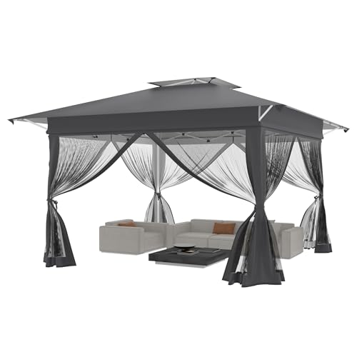 YRHome Anthrazit Pop Up Pavillon 4x4m Gartenzelt Stabil wasserdicht & Winterfest Faltpavillon Doppeldach 4 Moskitonetzen UV-Schutz höhenverstellbar 210D Oxford-Gewebe inkl. Tragetasche Für Garten