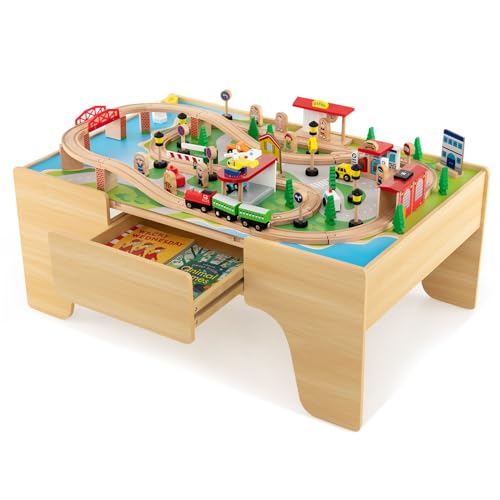 COSTWAY 84-teiliges Kinder Eisenbahn Set, Spieltisch aus Holz mit umkehrbarer & abnembarer Tischplatte und Schublade, Holzeisenbahn Zug Spielzeug für Kinder ab 3 Jahre (84 teilig)