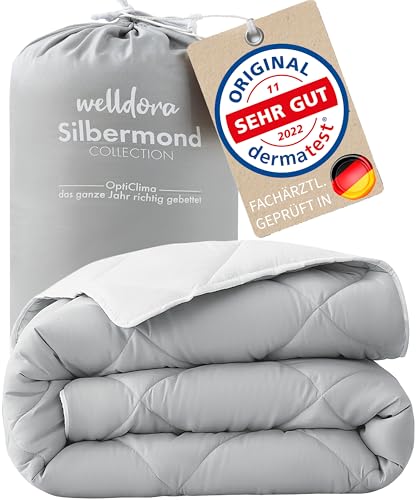 Welldora OPTICLIMA Allergiker Bettdecke 135x200 | Fachärztlich geprüft | Oeko-Tex Zertifiziert in Deutschland | Ganzjahresdecke für Sommer & Winter | Wendedecke Silbergrau-Weiß | Premium Steppdecke