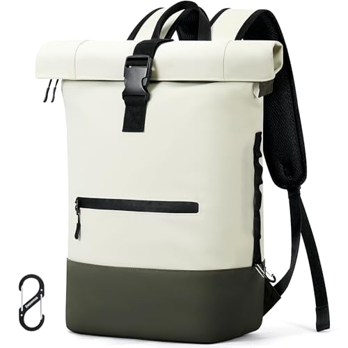 Reiseresa Rolltop Rucksack Damen Herren Wasserdicht Große Laptop Rucksack Reiserucksack mit Multifunktionale Kletterschnalle für Reisen, Arbeit, Uni Schule (Beige mit Grün)