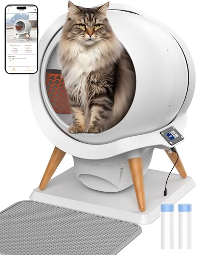 HoneyGuaridan Selbstreinigende Katzentoilette, Wasser abwaschbar, 63L Automatische Katzentoilette, App-Steuerung/Sensorschutz/Doppelte Stromversorgung, Einfach zu Reinigen für Mehrere Katzen(3-15kg)