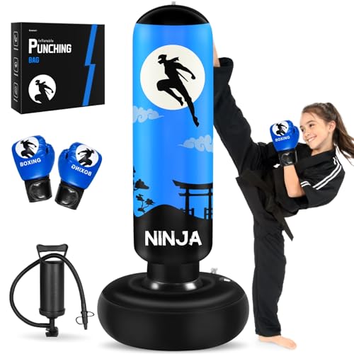 Esnowlee Boxsack für Kinder, hoher 168 cm, Geschenke für Jungen und Mädchen im Alter von 5–12 Jahren zum Üben von Karate, Taekwondo, MMA und zur Linderung von Pent-Up-Energie bei Kindern (Blau)