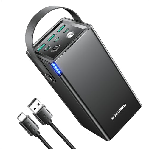 Rocoren Powerbank 50000mAh 67.5W, 6-Ports USB C und USB A Fast Charging, Große Kapazität Externer Akku für Camping, Outdoor, Reise Kompatibel mit iPhone, iPad, Samsung, Huawei, Xiaomi, GPS und Mehr