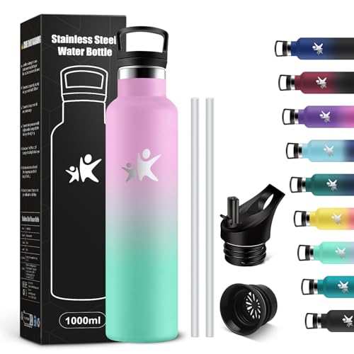KollyKolla Trinkflasche Edelstahl 1L, Wasserflasche Auslaufsicher, BPA-Frei Thermoskanne mit Strohhalm, Vakuum Thermosflasche, Leicht zu Reinigen, Kohlensäure Geeignet, für Sport, Fahrrad, Camping