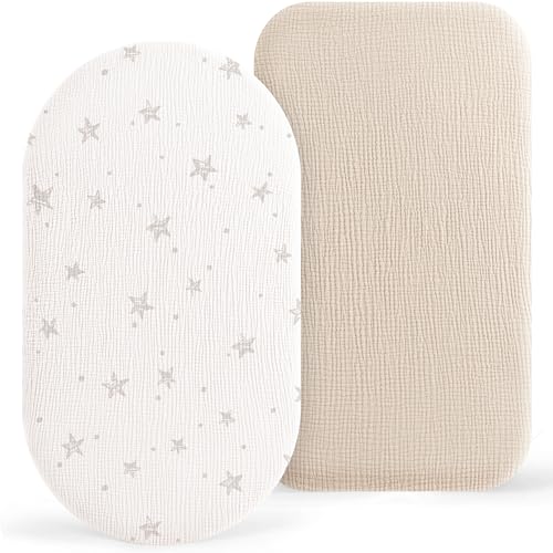 Susurration Musselin Stubenwagen Spannbettlaken 2er Set,100% Baumwolle Bettlaken Kinderwagen Matratzenschoner Spannbettlaken für Kinderwagen 90x50cm (Creme Star)