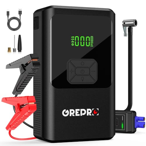 GREPRO 5-in-1 Starthilfe Powerbank mit Kompressor, (bis zu 10.0L Benzin,8.0L Diesel) 150PSI Auto Starthilfe Powerbank für 12V Jump Starter, 3000A Starthilfe mit Digitale Anzeige und LED Taschenlampe