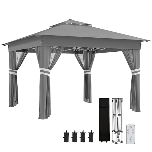 Outsunny Faltpavillon ca. 3 x 3 m, Pavillon mit LED, 4 Netzvorhängen, Seitenwand, Gartenpavillon mit Wassersack, Doppeldach, Tragetasche, für Balkon, Terrasse, Dunkelgrau