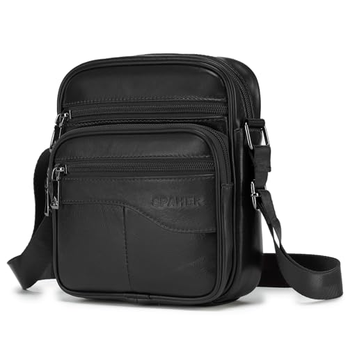 SPAHER Herren Tasche Leder Umhängetaschen Herren Handtaschen Ledertasche Herren Klein Leder Handgelenktasche Messenger Tasche Herren schultertasche Geschenk für Männer Schwarz