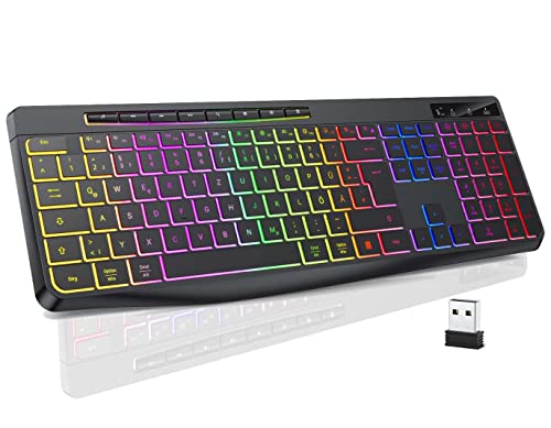TECURS Tastatur Kabellose Gaming - Leise Tastatur QWERTZ Beleuchtet Ergonomisch Wasserdicht, 2.4Ghz Led Keyboard für Windows/Mac /PS4/ Xbox mit Multimedia-Tasten Schwarz