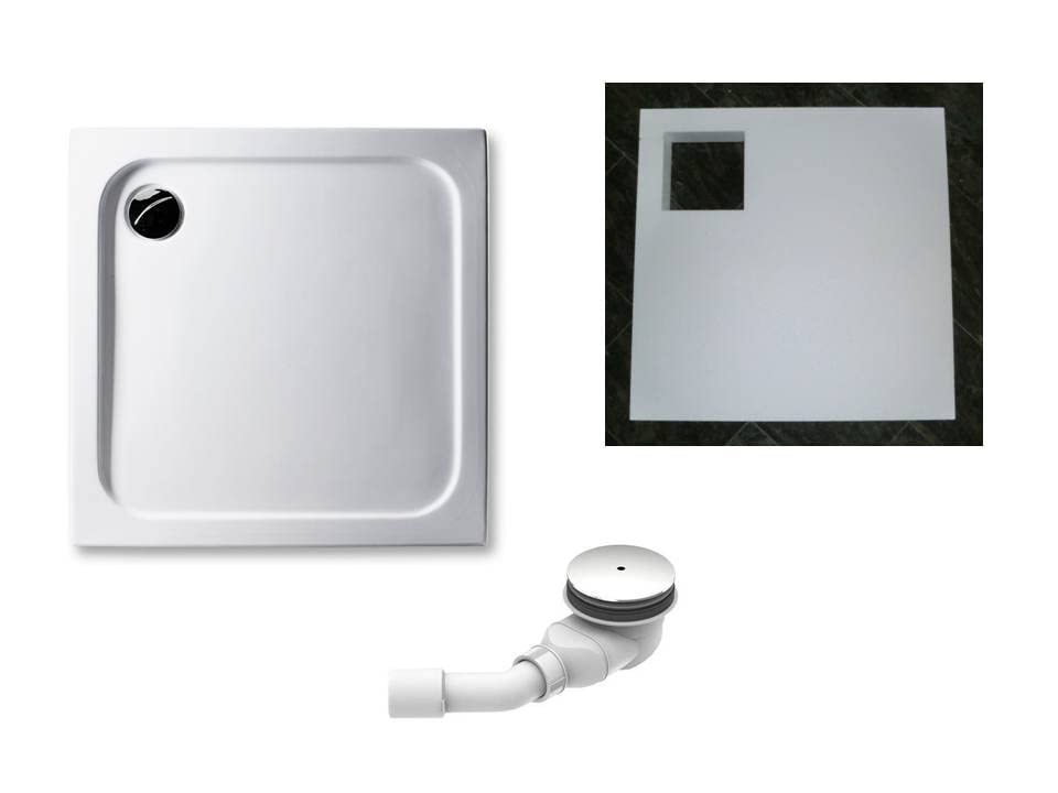 KOMPLETT-PAKET: Duschwanne 90 x 90 cm superflach 2,5 cm weiß Dusche mit GERADER UNTERSEITE Acryl + Styroporträger/Wannenträger + Ablaufgarnitur chrom DN 90