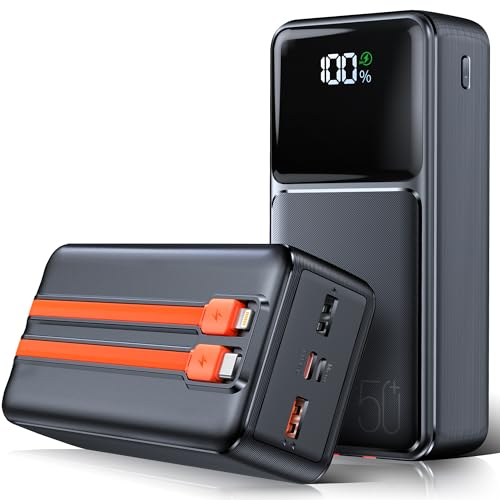 Power Bank 50000mAh:Schnellladung Powerbank 22.5W mit Kabel USB C 5 Ausgänge und 2 Eingänge Externe Handyakkus mit Große Kapazität und LED Display für iPad Tablet Android usw