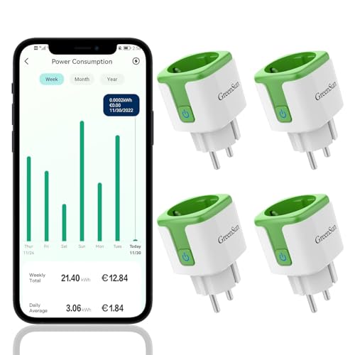 WLAN Steckdose mit Strommessung - GreenSun Stromzähler für Steckdose Stromverbrauch Energiekostenmesser Zeitschaltuhr Steckdose Sprachsteuerung mit Alexa Stromzähler VeSync APP Steckdose 4PC