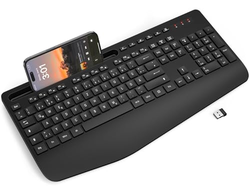 Tastatur Kabellos mit Handballenauflage, Ergonomische Tastatur in Voller Größe mit Telefonhalter, Schlafmodus, 18 Multimedia-Tasten, Leise 2,4 GHz Funktastatur für Mac, Windows, Computer, Laptop, PC