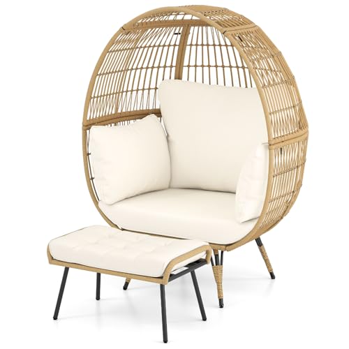 COSTWAY Korbsessel Rattan mit Hocker, übergroßer Gartensessel mit Kissen und Metallgestell, Rattansessel XXL, Loungesessel für Balkon, Garten, Wohnzimmer, Terrasse