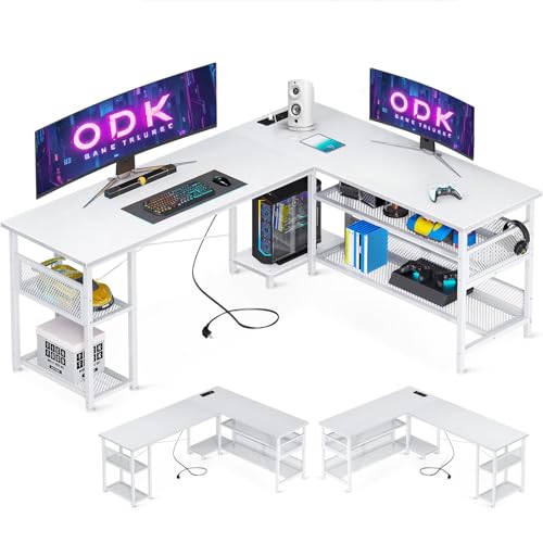 ODK Gaming Schreibtisch L-Form mit Reversibler Anordnung, Schreibtisch mit Großer Stauraum, Eckschreibtisch Weiß mit 2 Steckdosen und 2 USB Ladeanschluss, 168×120cm