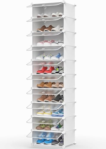 HOMIDEC Schuhregal, 10 Ebenen Schuhschrank Kunststoff-Schuhregale Organizer für Schrank Flur Schlafzimmer Eingang, Weiß & Transparent