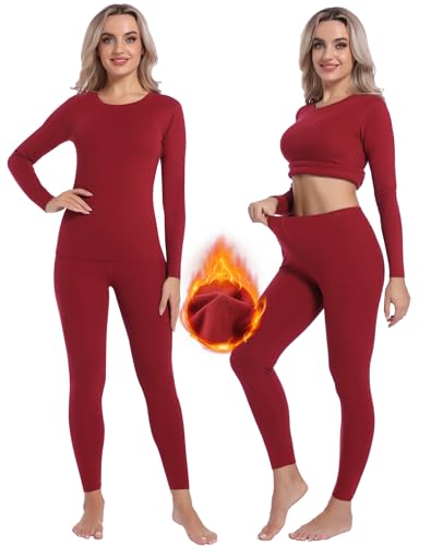 INNERSY Thermounterwäsche Damen Warm Funktionsunterwäsche Winter Thermo Unterwäsche Frauen Ski (M, Neujahr Dunkelrot)