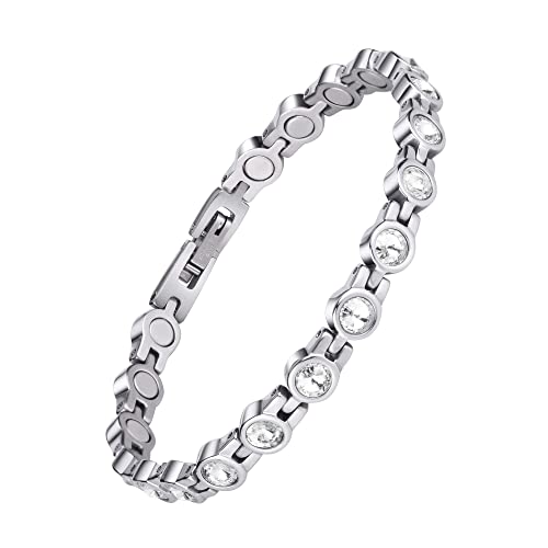 JEROOT Magnetarmband,Damen Magnetische Armbänder Verschluss Edelstahl Armband Magnet 5mm Weißer Zirkonia Damen Magnetarmband Energetix (3500 Gauss)