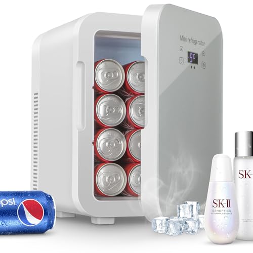 GZOKMOG mini kühlschrank glastür 9Liter/14Dossen, 230v/12V auto kühlschrank, Schnelle Abkühlung camping kühlschrank,Kosmetic kühlschrank, Kühl und Heizfunktion, mini fridge