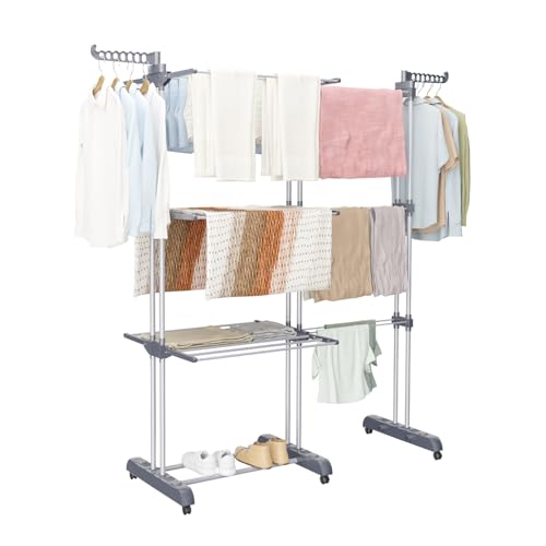 Oak & Tea Wäscheständer Turm, 83-200cm(Ausziehbar Flügeln), XXL Wäscheturm mit Rollen, 4 Etagen Wäscheständer, Großer Standtrockner, für Innen- und Außenbereich, Grau